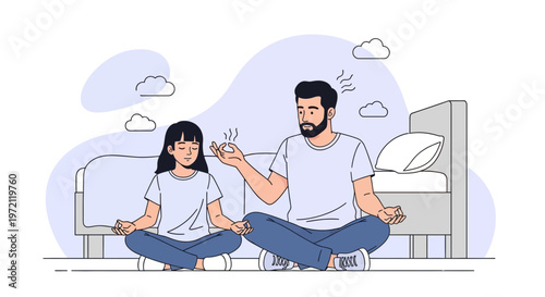 Father and daughter meditating together in a bedroom, practicing mindfulness and relaxation.