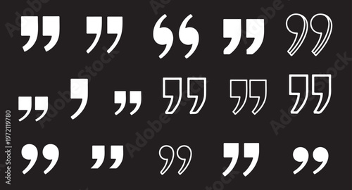 Collection of white quotation mark icons in various styles, including solid and outline designs, isolated on a black background.