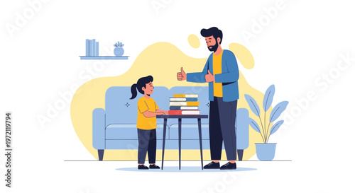 Father and daughter learning together, stacking books, home education, positive parenting