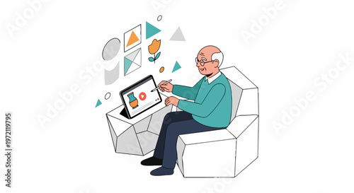 Senior Man Using Digital Tablet and Stylus for Graphic Design and Creative Art