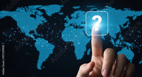 A hand interacting with a glowing question mark on a digital world map background