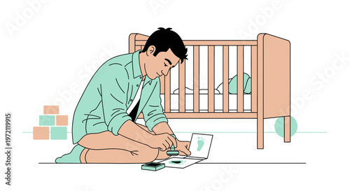 Father making baby footprint art with ink pad and stamp next to crib