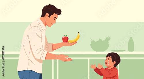 Father offers fruit to crying child in kitchen, healthy food choice concept