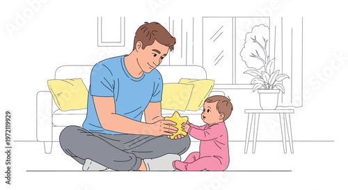 Father playing with baby on floor, happy family bonding, indoor home scene