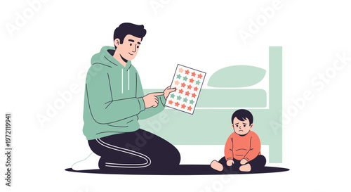 Father reading a star chart to his baby son near a bed, bedtime story