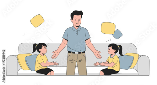 Father playing with twin daughters on sofa, throwing cushions, family fun time at home