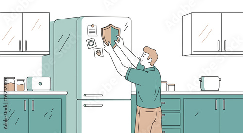Man Attaching Shield Icon to Refrigerator Door in Kitchen