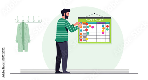 Man checking chore chart with colorful stickers, organizing household tasks and responsibilities