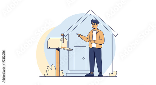 Man checking mailbox outside house, receiving mail, neighborhood delivery concept