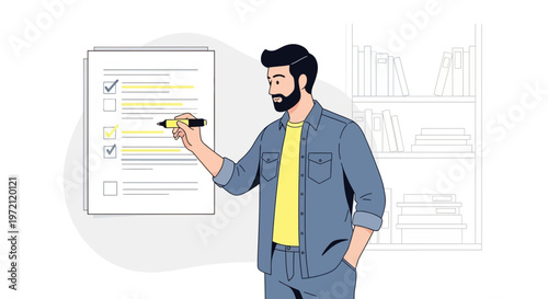 Man checking off items on a checklist, task completion, productivity, planning, organization, strategy