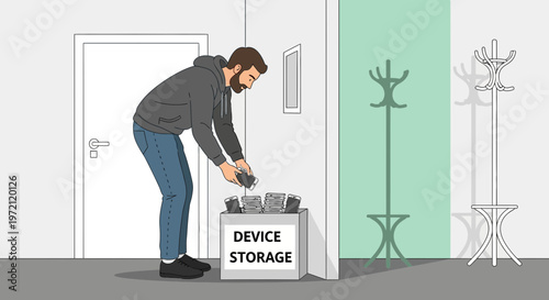 Man deposits smartphones into device storage box, digital detox concept