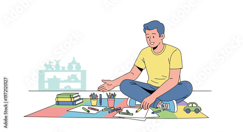 Man drawing on paper with crayons, sitting on floor with toys and books