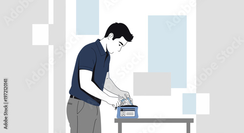 Man counting money in wallet with cash counting machine, financial concept