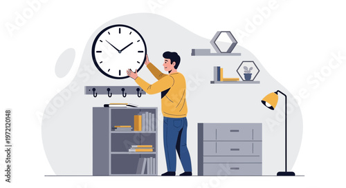 Man hanging clock on wall above bookshelf, home interior decoration, time management concept