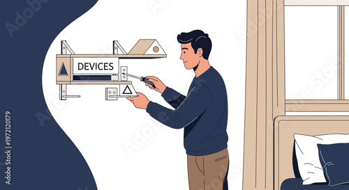 Man installing smart home devices on wall, modern technology, home automation