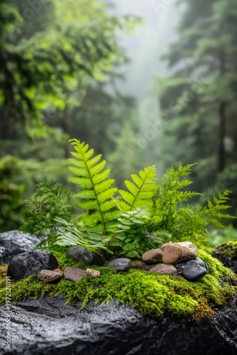 Nature stone product display podium with green forest background with copy space. mockup advertising card template presentation on forest background eco nature organic