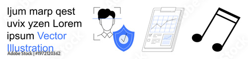 Facial recognition, cybersecurity, digital analysis, data management, technology, music. A stylized face scanner, shield chart and music notes. Facial recognition and cybersecurity application