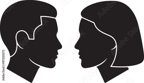 Minimalist black silhouettes of a man and a woman facing each other, featuring clean lines and professional profile outlines.