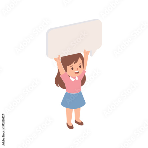 Girl happily holds up a large sign indoors with people around