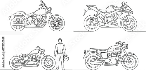 Continuous line drawings motorcycles one rider Single line bike helmet