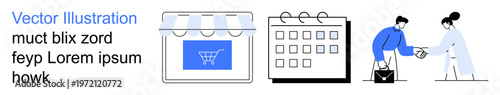 Online shopping, business planning, collaboration, retail management, customer service, scheduling. Storefront with shopping cart, calendar two people in business dialogue. Online shopping