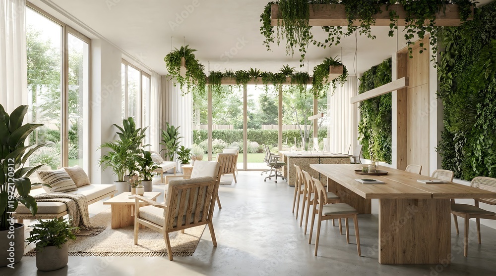 Fototapeta premium Open Space Office with Natural Light and Greenery