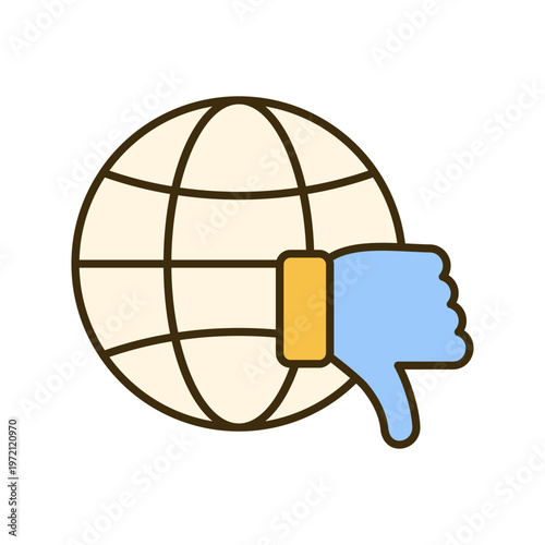 Global dislike feedback globe icon with thumbs down symbol negative response concept