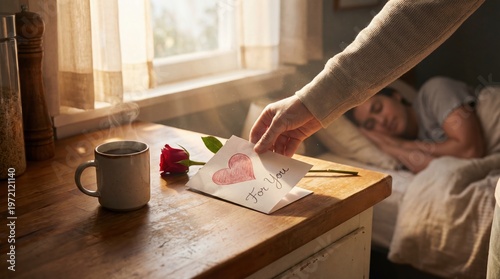 Romantic Gesture with Coffee Rose and Love Note on a Cozy Table