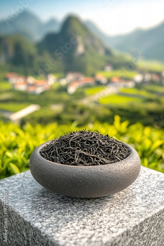Tea Plantation Backdrop. Product display background, stone table, tea plantation, natural setting, green leaves cup of black tea against a beautiful tea plantation landscape on wood table
