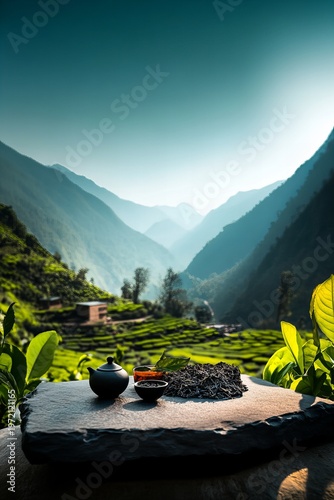Tea Plantation Backdrop. Product display background, stone table, tea plantation, natural setting, green leaves cup of black tea against a beautiful tea plantation landscape on wood table