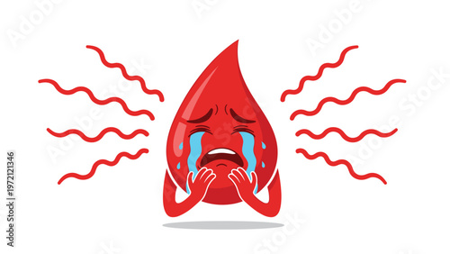 Distressed red blood drop character crying profusely with wavy red lines emanating from its body to symbolize pain or a medical emergency.