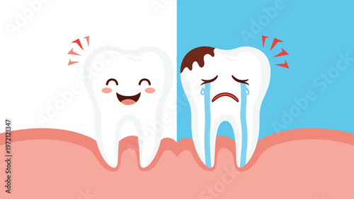Visual comparison between a healthy white tooth smiling and a decaying tooth with a cavity crying to promote good oral hygiene practices.