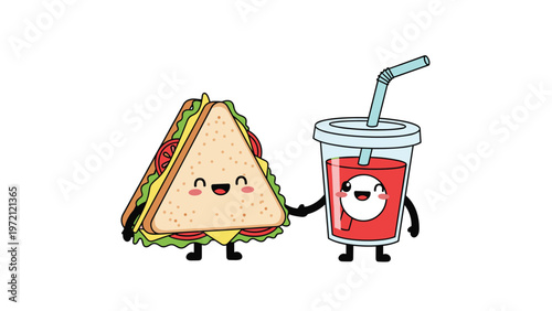 Cute triangle sandwich character and a red soda cup character holding hands as best friends to represent a perfect lunch meal combination.