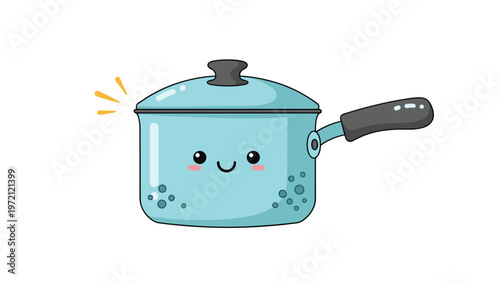 Adorable blue cooking pot character with a lid and handle smiling happily to represent home cooking, kitchen supplies, and culinary arts.
