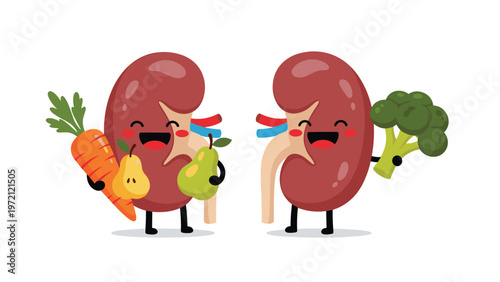 Pair of happy human kidney characters holding healthy fresh vegetables like carrots and broccoli to promote good renal health and diet.