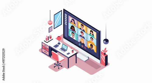 Isometric Illustration of Remote Work Video Conference and Modern Home Office Workspace