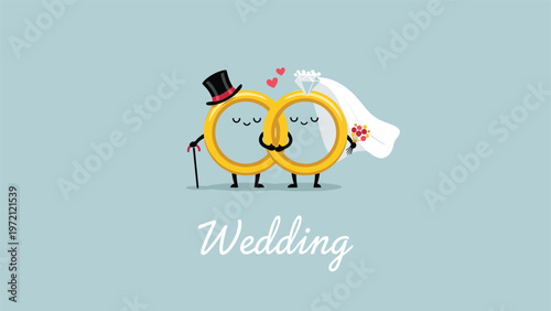 Two gold wedding ring characters dressed as a groom with a top hat and a bride with a veil and bouquet holding hands under the word wedding.
