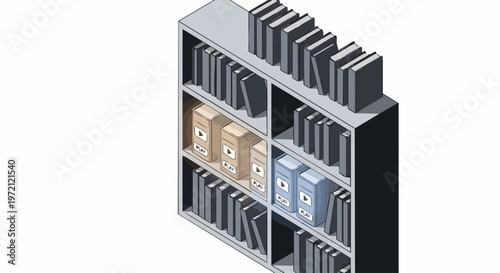Isometric Digital Video Library Bookshelf Illustration representing Online Media Streaming, E-Learning and Modern Content Archives