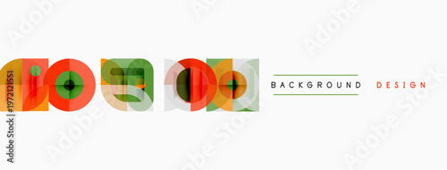 Geometric shapes form abstract pattern. Orange, green, brown hues dominate design. Minimalist style, clean lines present.