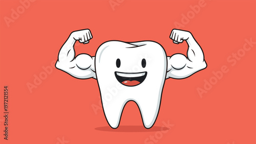 Strong and healthy white tooth character with large muscular arms smiling triumphantly against a solid orange background for dental care.
