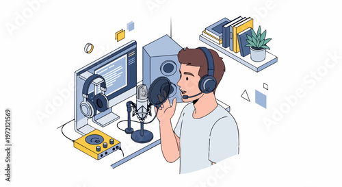 Man Recording Podcast in Professional Home Studio Illustration; Voiceover and Streaming Concept for Content Creators