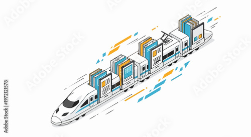Isometric high-speed train carrying books vector illustration, fast learning, digital library, and rapid education delivery concept isolated on white.
