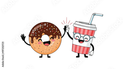 Happy chocolate glazed donut with sprinkles and a striped soda cup character giving a high five as a celebratory snack food duo illustration.
