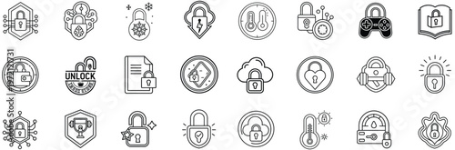 Collection of various security and unlock icons in line art style