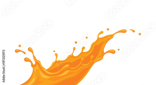 A dynamic splash of bright orange liquid curves upwards and to the right on a clean white background.
