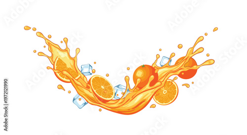 Fresh orange slices, whole oranges, and ice cubes are immersed in a lively juice splash on a white background.