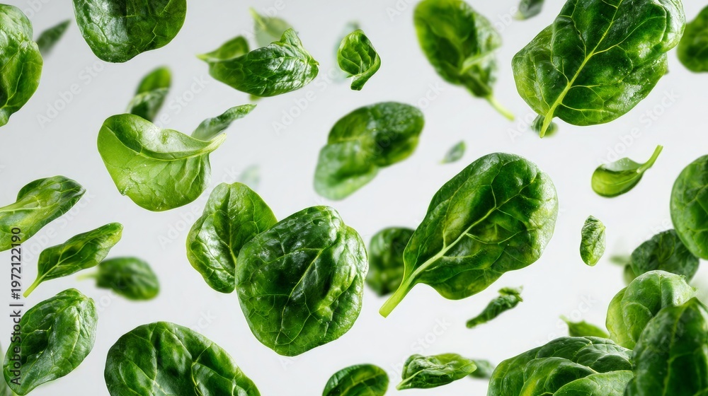 Obraz premium Green spinach leaves float in the air over a white surface.