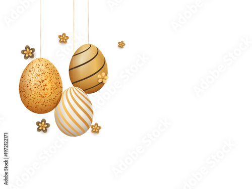 Hanging golden Easter eggs with floral accents and wide white copy space, elegant spring holiday border in clean decorative vector style