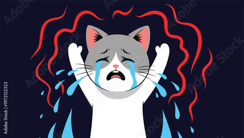 Sad grey and white cat character crying with large tears in front of an abstract dark background with red wavy energy lines.