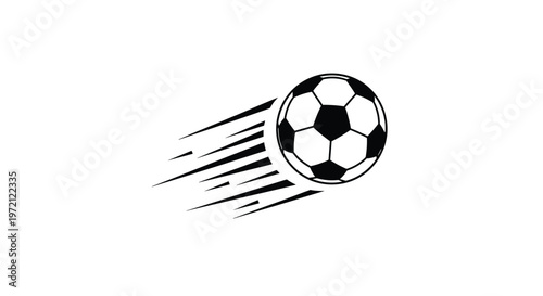 A black and white soccer ball moves rapidly with distinct speed lines on a clean white background.